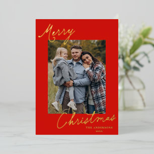 Elegant Red Merry Christmas Script Photo Foil Holiday Card