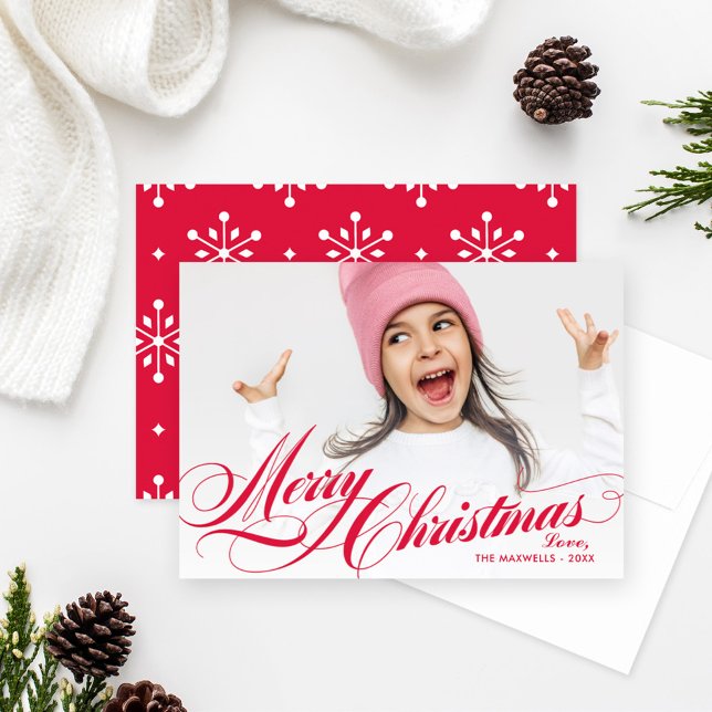 Elegant Red Merry Christmas Script Photo Holiday Card (Creator Uploaded)