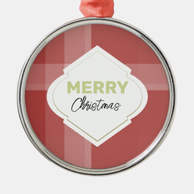 Elegant Red Merry Christmas Tartan Burgundy Metal Ornament (Front)