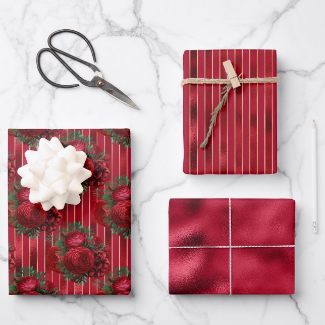 Elegant Red Metallic Floral Stripe  Wrapping Paper Sheet (Front)