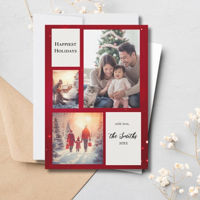 Elegant Red Modern Three Photo Collage Christmas Holiday Card (Creator Uploaded)