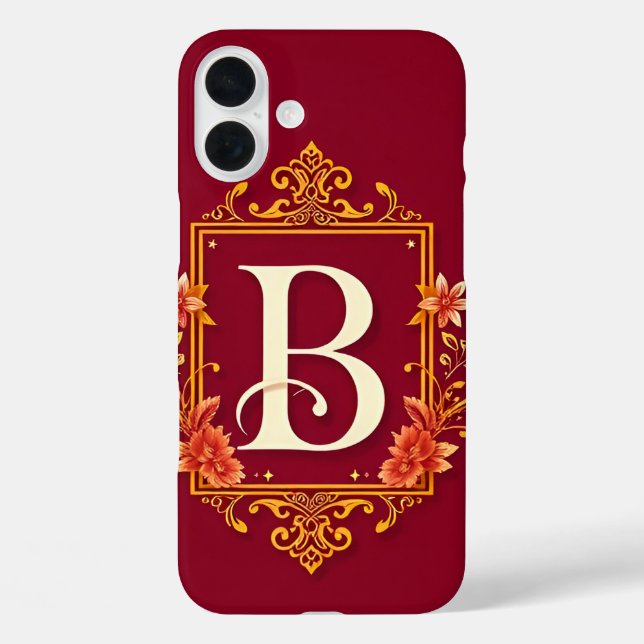 Elegant Red Monogram Frame with Floral Embellishme Case-Mate iPhone Case (Back)