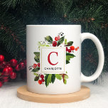 Elegant Red Monogram Initial Christmas Greenery Coffee Mug<br><div class="desc">A beautiful Christmas foliage watercolor design with greenery leaves and red berries frames your custom monogram initial and name that can be personalised.</div>