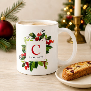 Elegant Red Monogram Initial Christmas Greenery Coffee Mug
