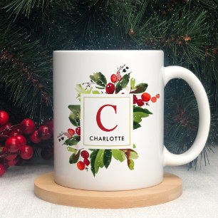 Elegant Red Monogram Initial Christmas Greenery Coffee Mug