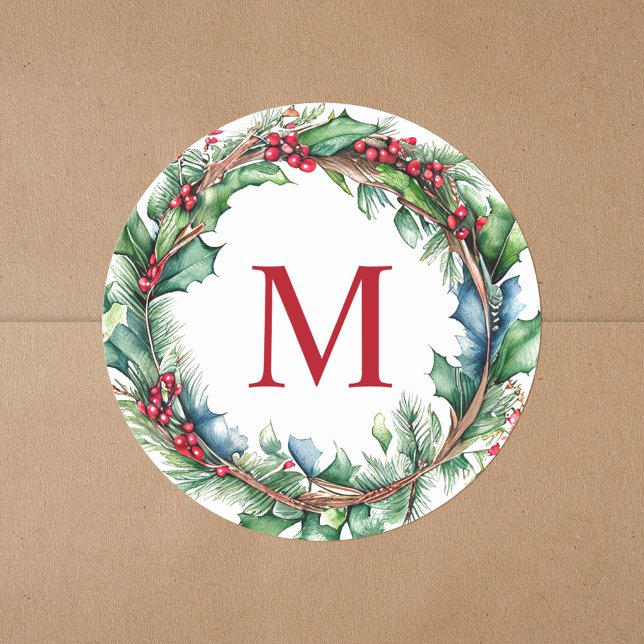 Elegant Red Monogram Initial Christmas Wreath Classic Round Sticker (Creator Uploaded)