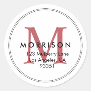 Elegant Red Monogram Return Address Classic Round Sticker