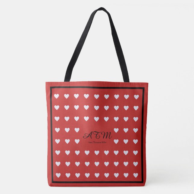 elegant red monogram tote bag with hearts (Front)