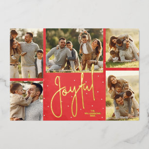 Elegant Red Multi Photo Joyful Foil Holiday Card