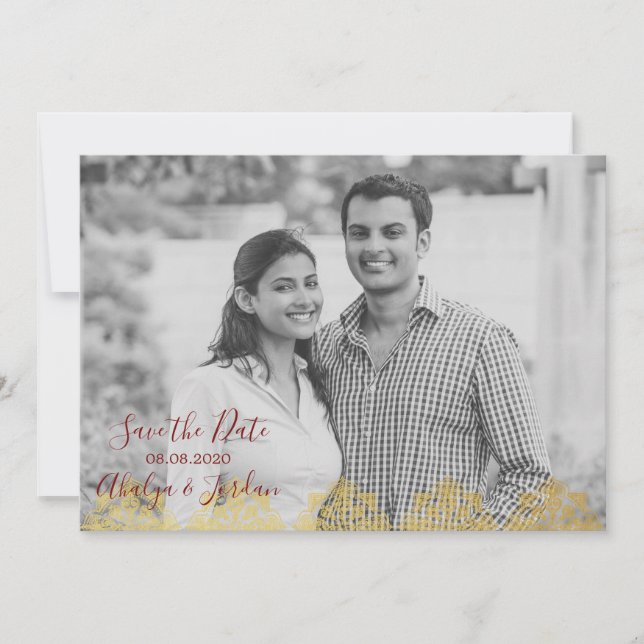 Elegant Red n Gold Ganesha & Mehndi Save the Date (Front)
