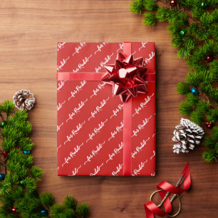 Elegant Red Name Tag Cursive Script Christmas Wrapping Paper