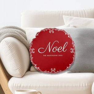 Elegant Red Noel Christmas Round Throw Pillow