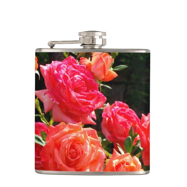 Elegant red orange coral roses rose garden hip flask (Front)