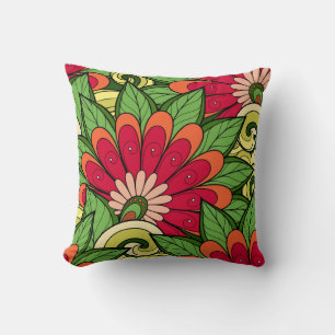 Elegant Red Orange Green Flowers And Swirl Cushion