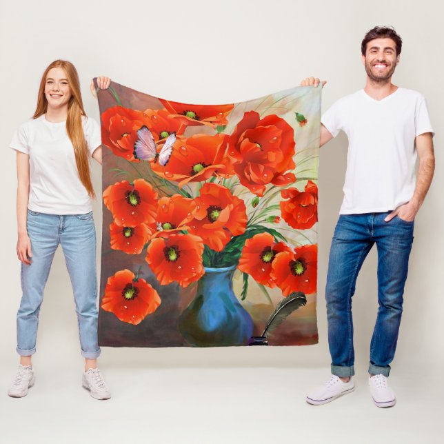Elegant Red Orange Poppies Flower Fleece Blanket (In Situ)