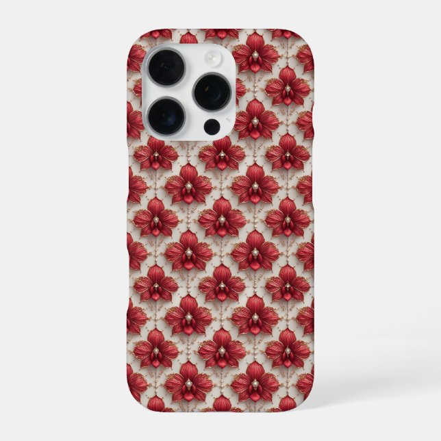 Elegant Red Orchid Pattern With Pearl Beads iPhone Case (Back)