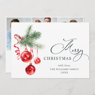 Elegant Red Ornament Christmas Greeting 3 PHOTO Holiday Card