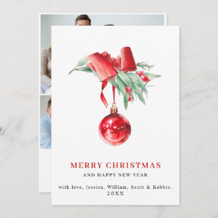 Elegant Red Ornament Christmas Greeting 3 PHOTO Holiday Card