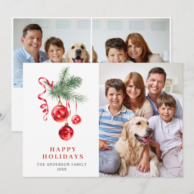 Elegant Red Ornament Christmas Greeting 3 PHOTO Holiday Card (Front/Back)