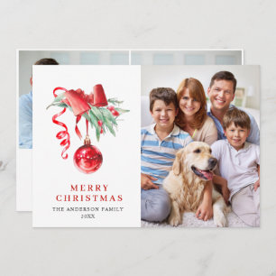 Elegant Red Ornament Christmas Greeting 3 PHOTO Holiday Card