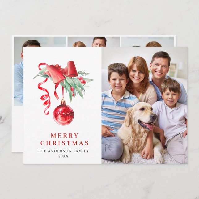 Elegant Red Ornament Christmas Greeting 4 PHOTO Holiday Card (Front/Back)