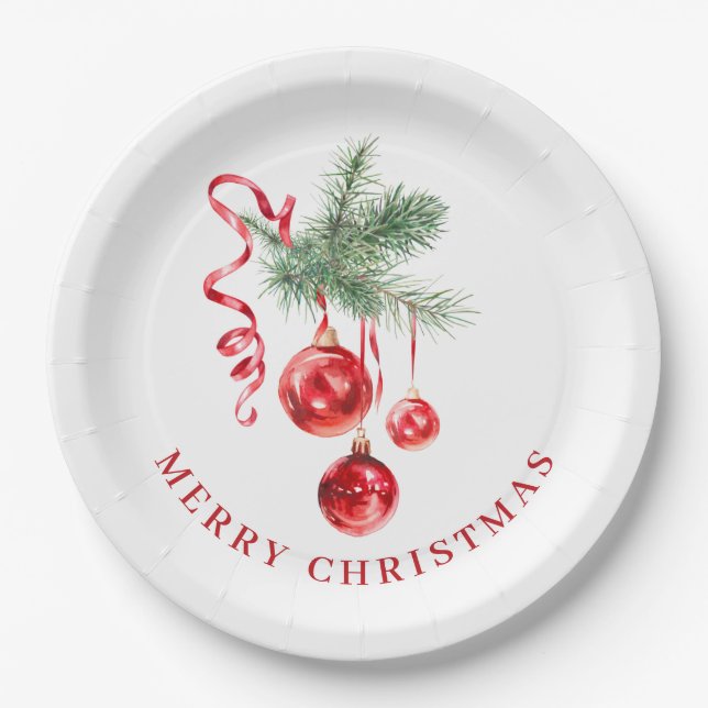 Elegant Red Ornament Christmas Holiday Party Paper Plate (Front)