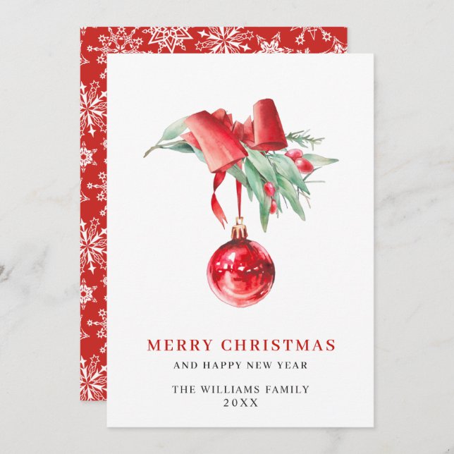 Elegant Red Ornament Merry Christmas Greeting Holiday Card (Front/Back)