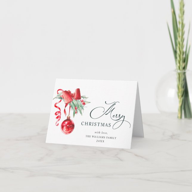 Elegant Red Ornament Merry Christmas Greeting Holiday Card (Front)