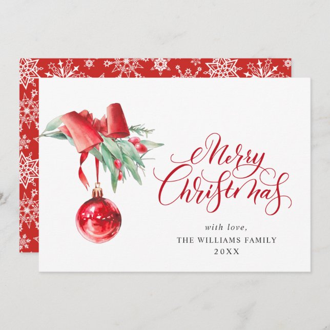 Elegant Red Ornament Merry Christmas Greeting Holiday Card (Front/Back)