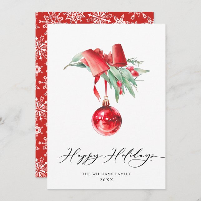 Elegant Red Ornament Merry Christmas Greeting Holiday Card (Front/Back)
