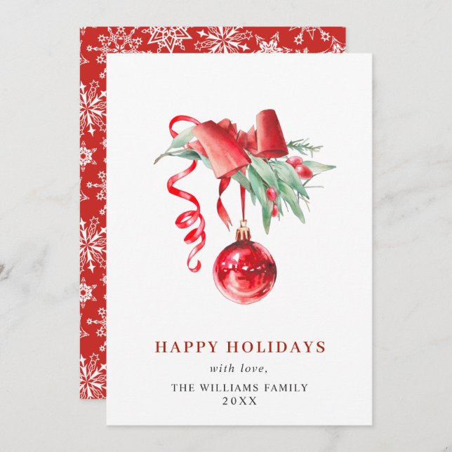 Elegant Red Ornament Merry Christmas Greeting Holiday Card (Front/Back)