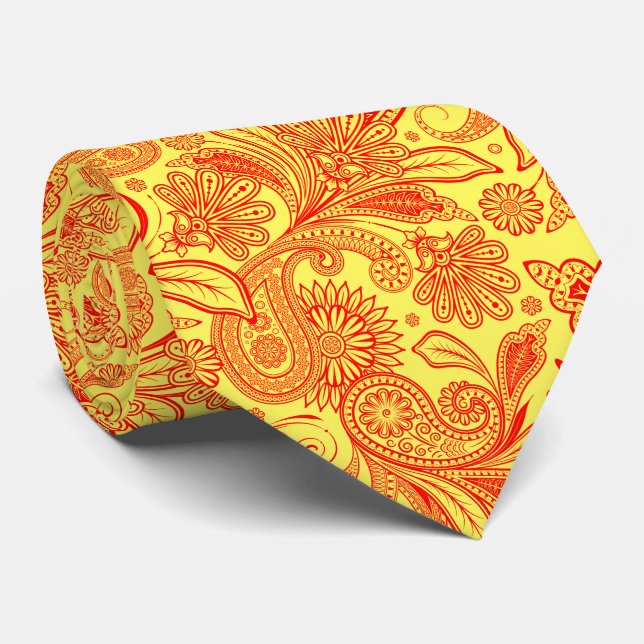Elegant Red Paisley On Custom Yellow Background Tie (Rolled)