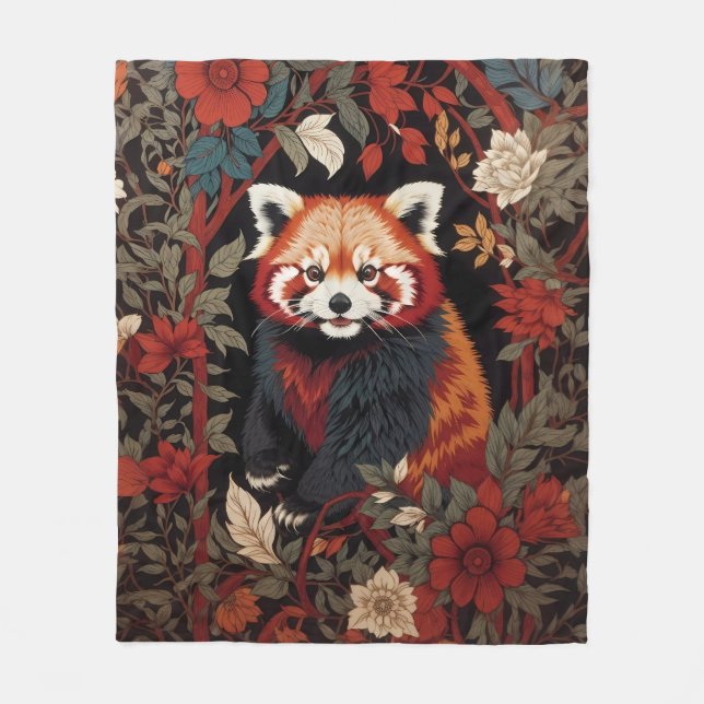 Elegant Red Panda William Morris Inspired Floral Fleece Blanket (Front)