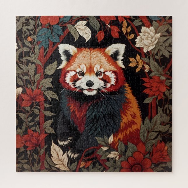 Elegant Red Panda William Morris Inspired Floral Jigsaw Puzzle (Vertical)