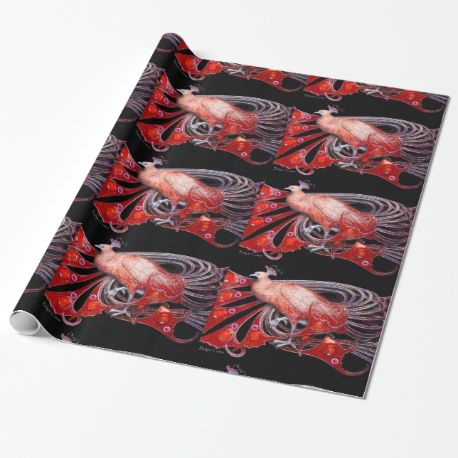 ELEGANT RED PEACOCK WITH GEM STONES WRAPPING PAPER (Unrolled)