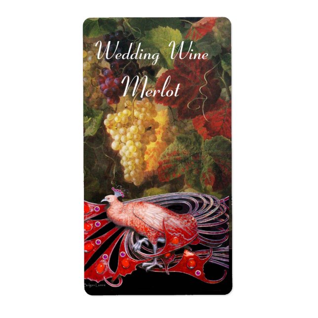 ELEGANT RED PEACOCK WITH GRAPES WEDDING WINE (Front)