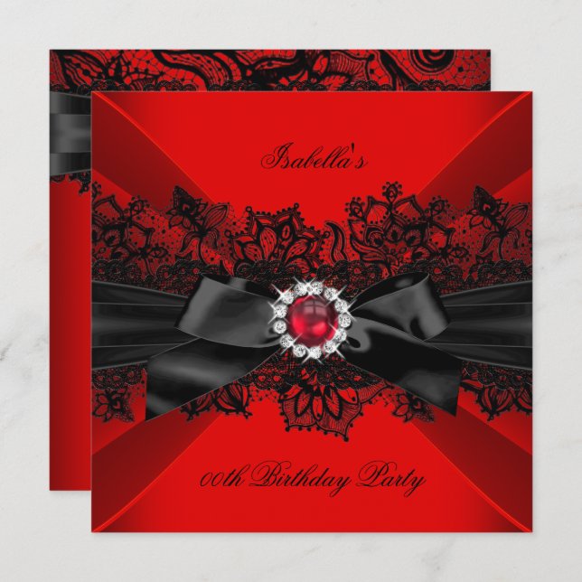Elegant Red Pearl Black Lace Bow Birthday Party Invitation (Front/Back)