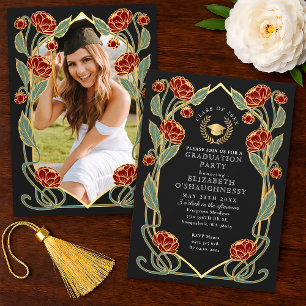 Elegant Red Peony Art Nouveau Graduation Party Invitation