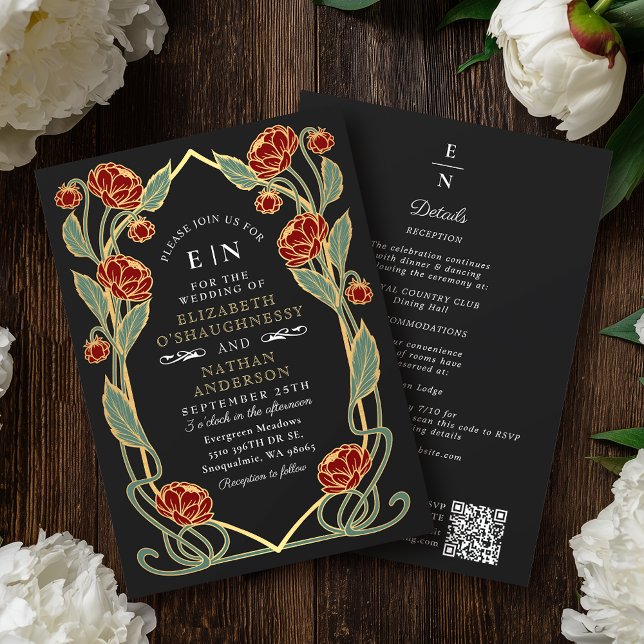 Elegant Red Peony Art Nouveau QR Code Wedding Invitation (Creator Uploaded)