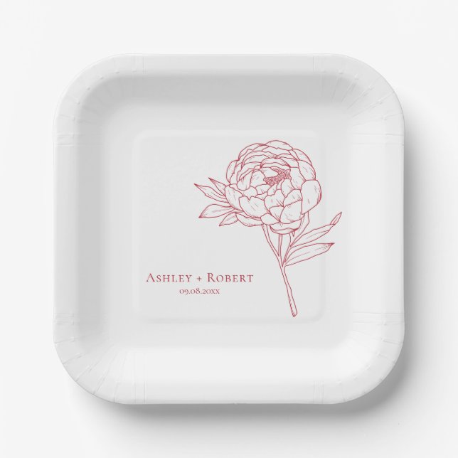 Elegant Red Peony Flower Modern Wedding Paper Plate (Front)