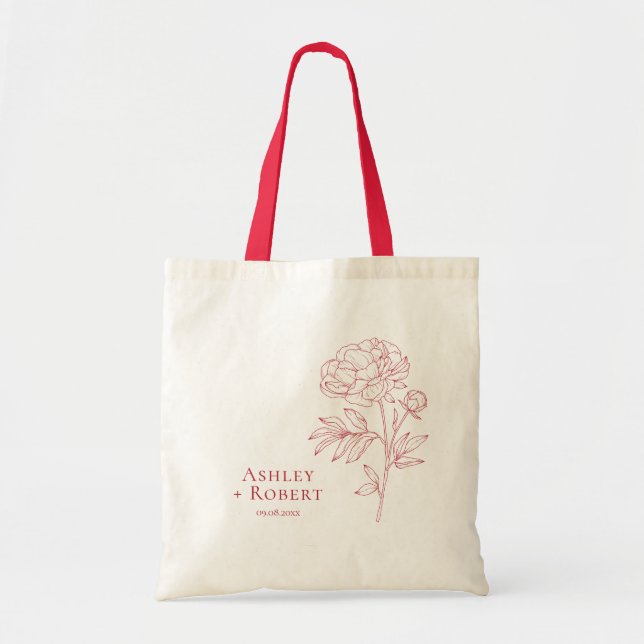 Elegant Red Peony Flower Wedding Welcome Tote Bag (Front)