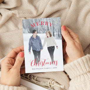 Elegant Red Photo Calligraphy Merry Christmas Holiday Card
