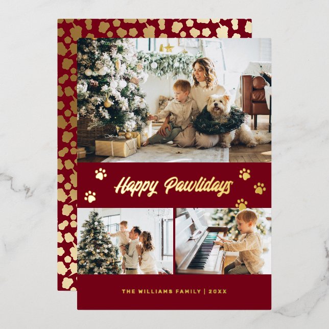 Elegant Red Photo Happy Pawlidays Gold Foil Holiday Card (Front/Back)