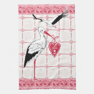 Elegant Red Pink Alsatian Folk Stork 2026 Calendar Tea Towel