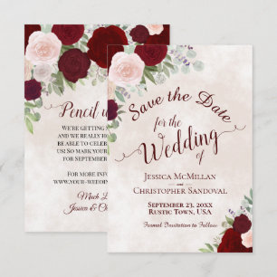Elegant Red & Pink Boho Watercolor Roses Wedding Save The Date