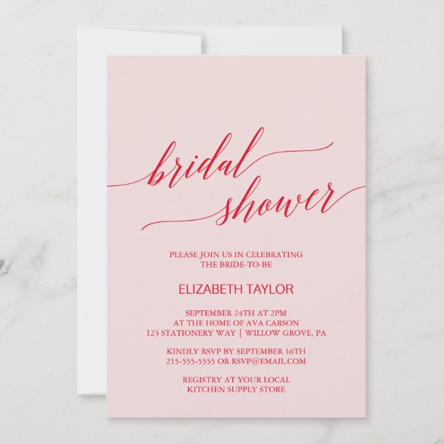 Elegant Red Pink Calligraphy Bridal Shower Invitat Invitation (Front)