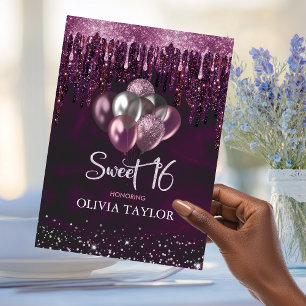 Elegant red pink drips glitter balloons sweet 16 i invitation