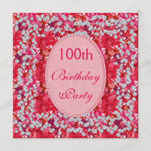 Elegant Red/Pink Floral & Diamonds 100th Birthday Invitation