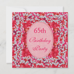 Elegant Red/Pink Floral & Diamonds 65th Birthday Invitation