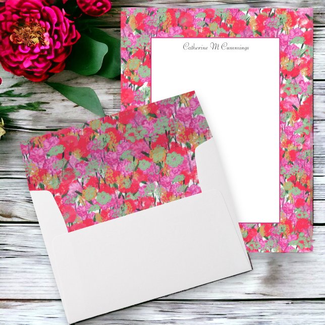 Elegant Red Pink Floral Lined Envelope (Matching lined envelopes are available, along with personalized stationery)